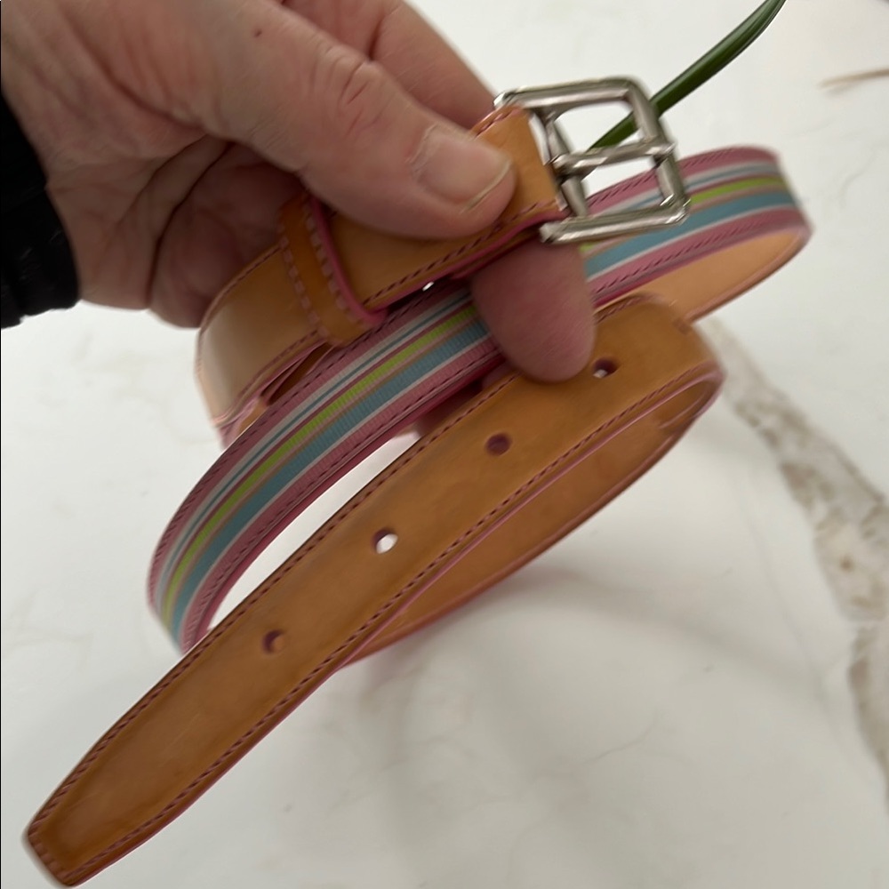 EUC Coach tan leather belt with coloured ribbon exterior - soh stripe